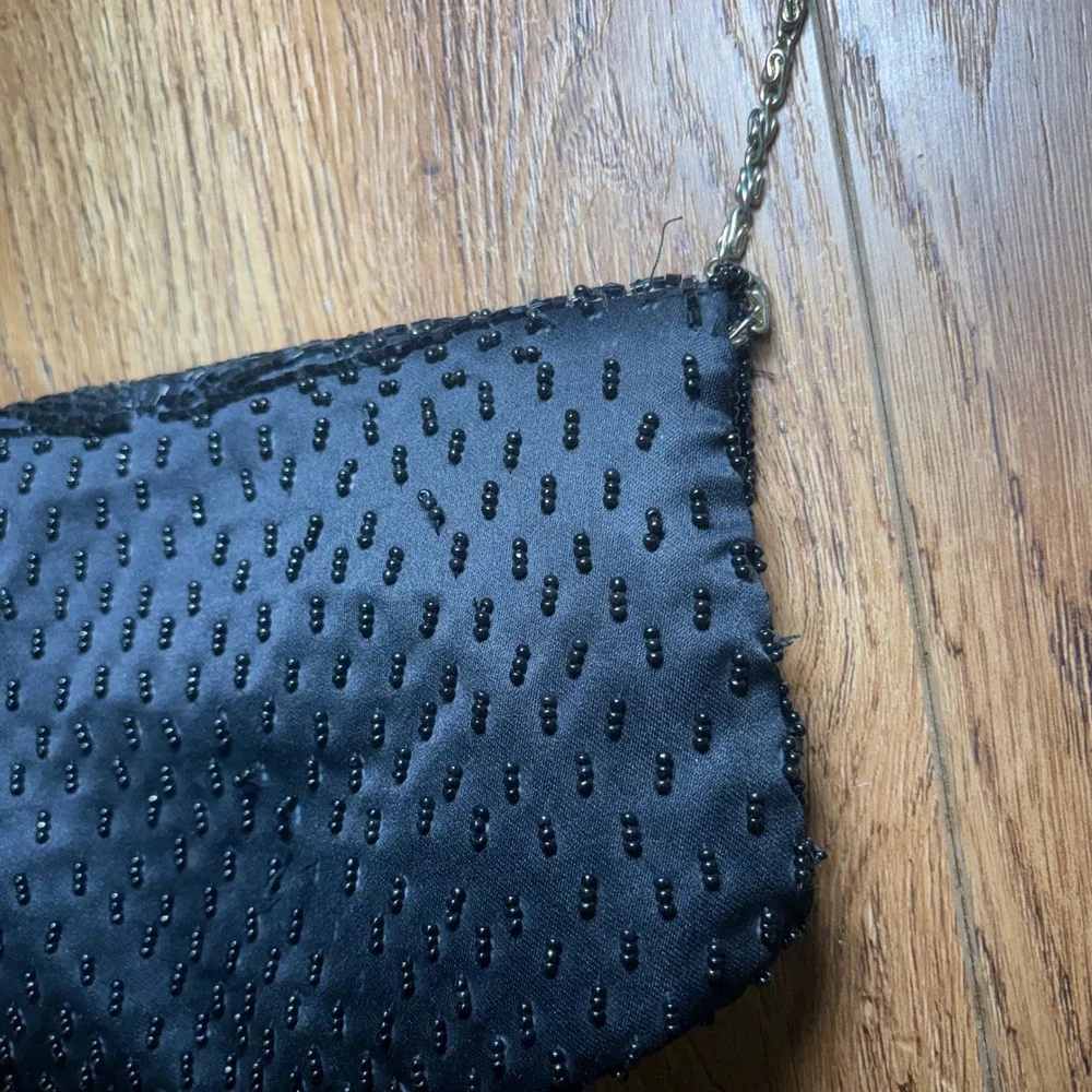 90s La Regale Ltd Black Beaded Evening Bag Satin Clutch Chain Purse handmade